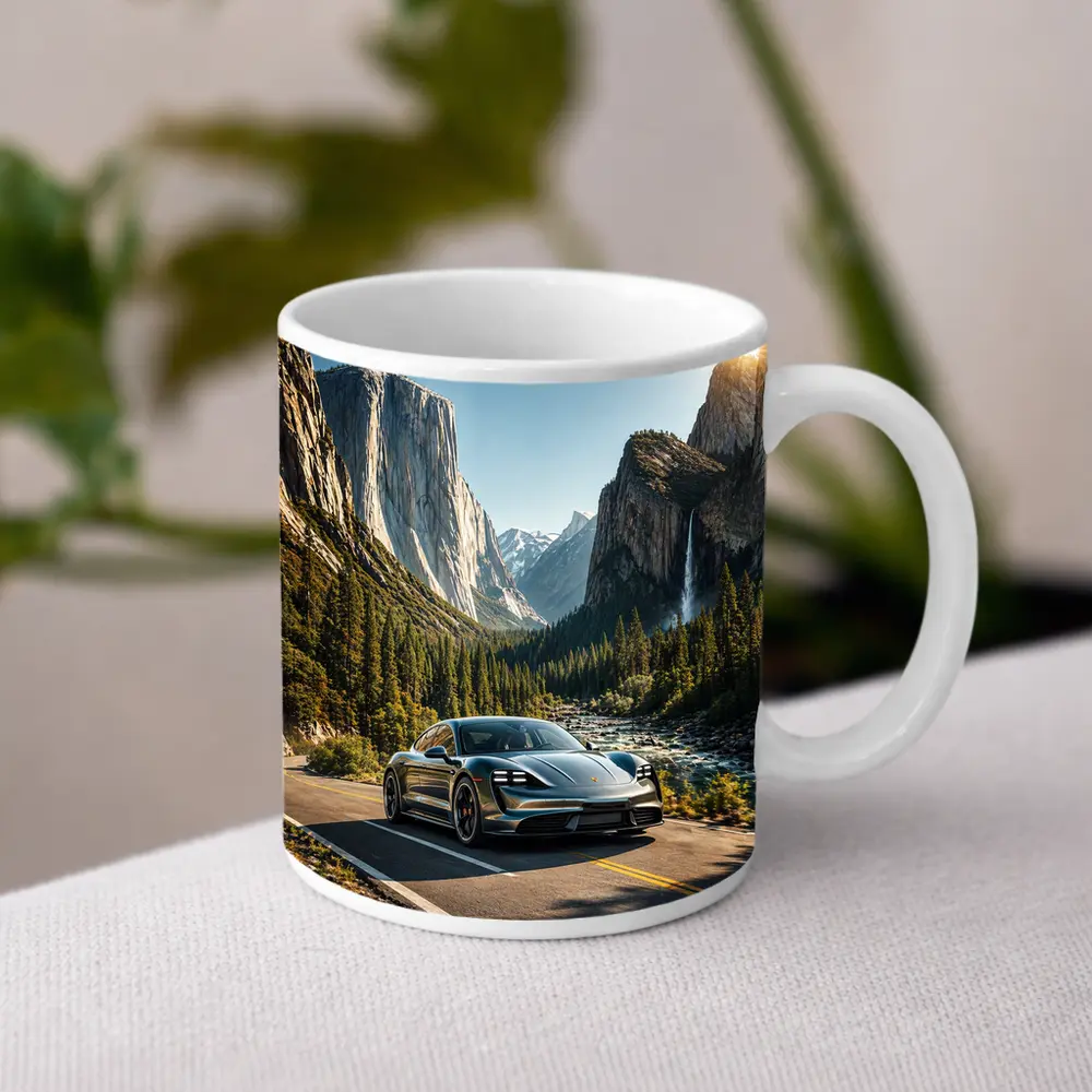 Porsche Taycan Driving Through Mountain Valley Road – Mugs