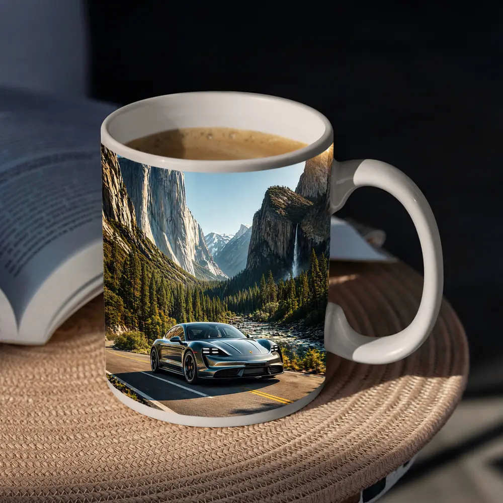 Porsche Taycan Driving Through Mountain Valley Road – Mugs
