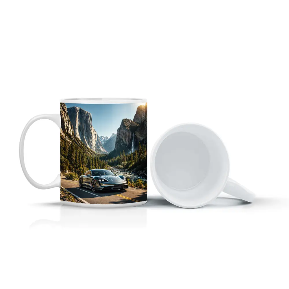 Porsche Taycan Driving Through Mountain Valley Road – Mugs