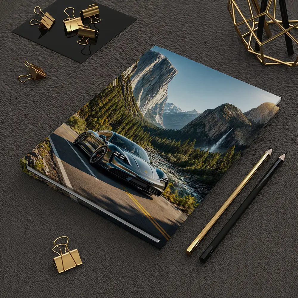Porsche Taycan Driving Through Mountain Valley Road – Notebooks