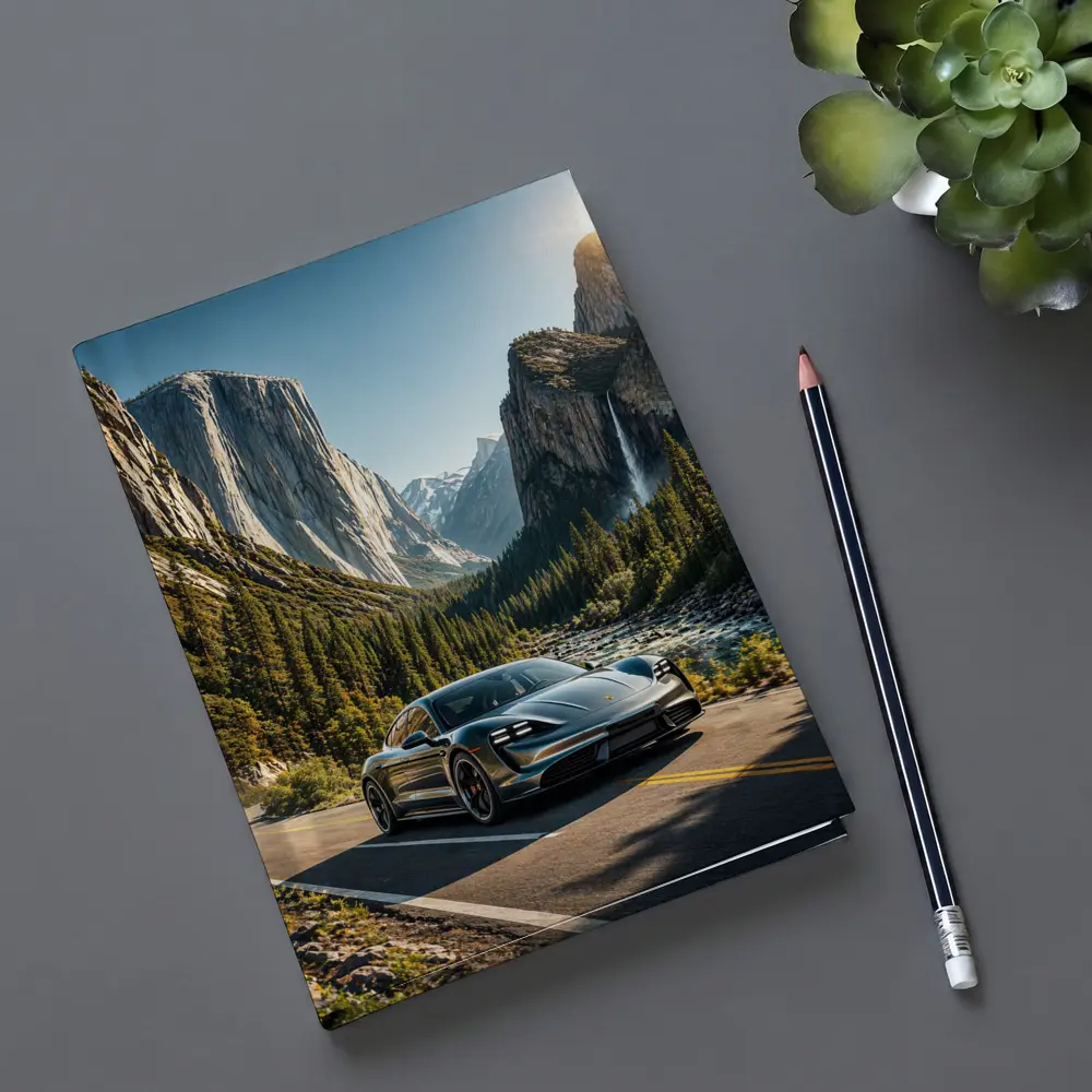 Porsche Taycan Driving Through Mountain Valley Road – Notebooks