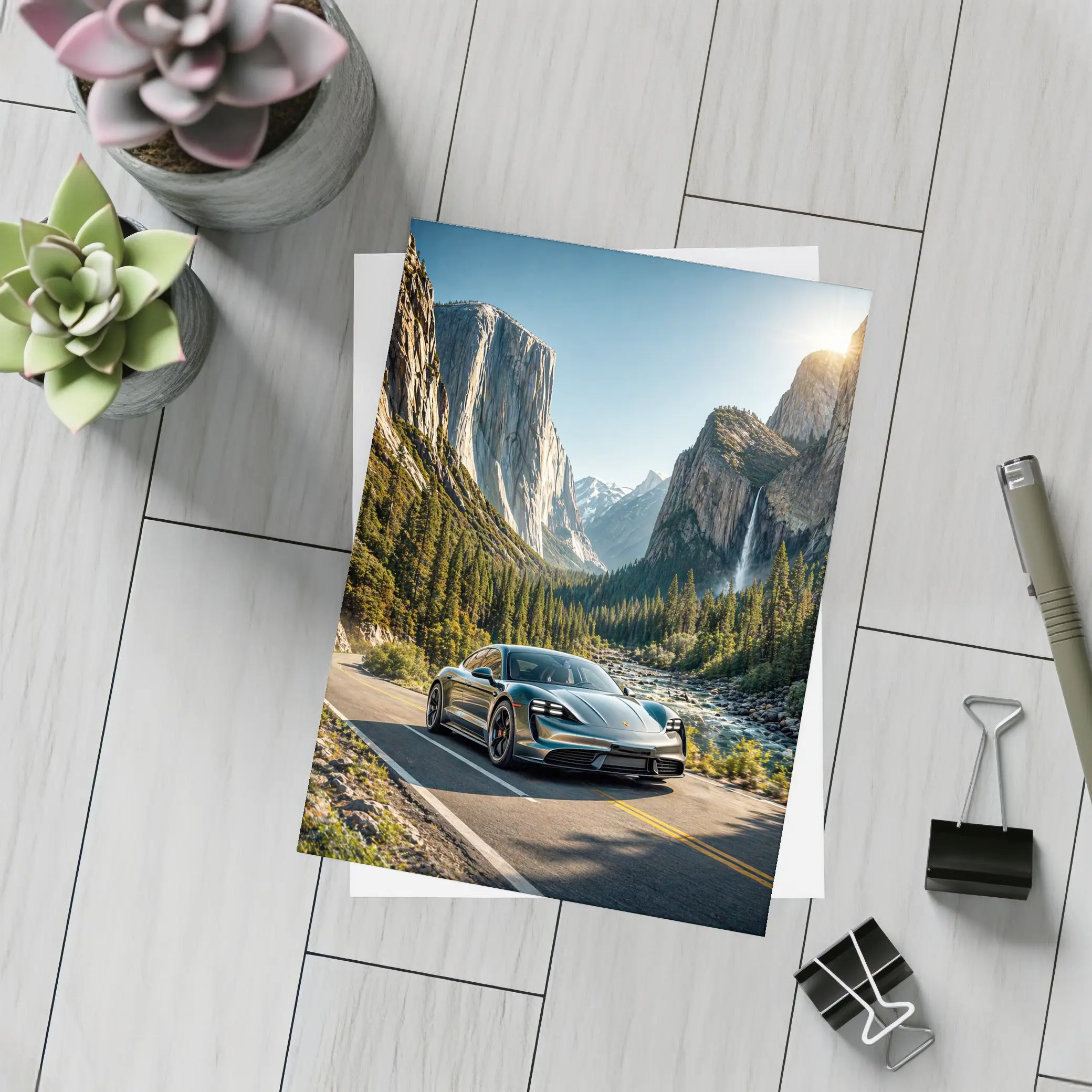 Porsche Taycan Driving Through Mountain Valley Road – Postcards