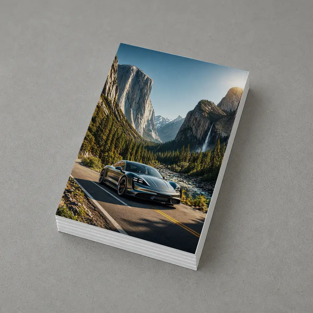 Porsche Taycan Driving Through Mountain Valley Road – Postcards