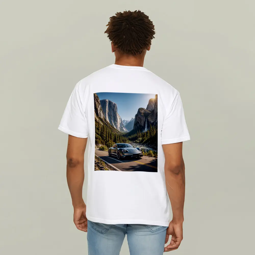 Porsche Taycan Driving Through Mountain Valley Road – T-Shirts