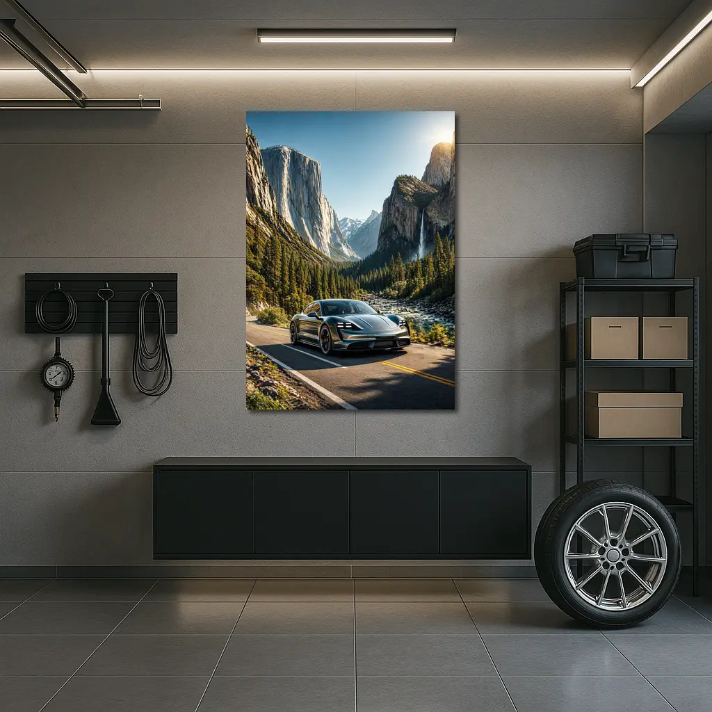 Porsche Taycan Driving Through Mountain Valley Road – Wall Art