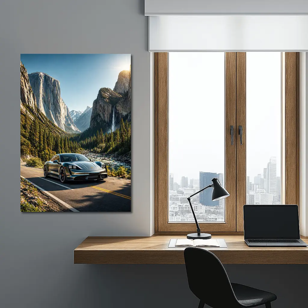 Porsche Taycan Driving Through Mountain Valley Road – Wall Art