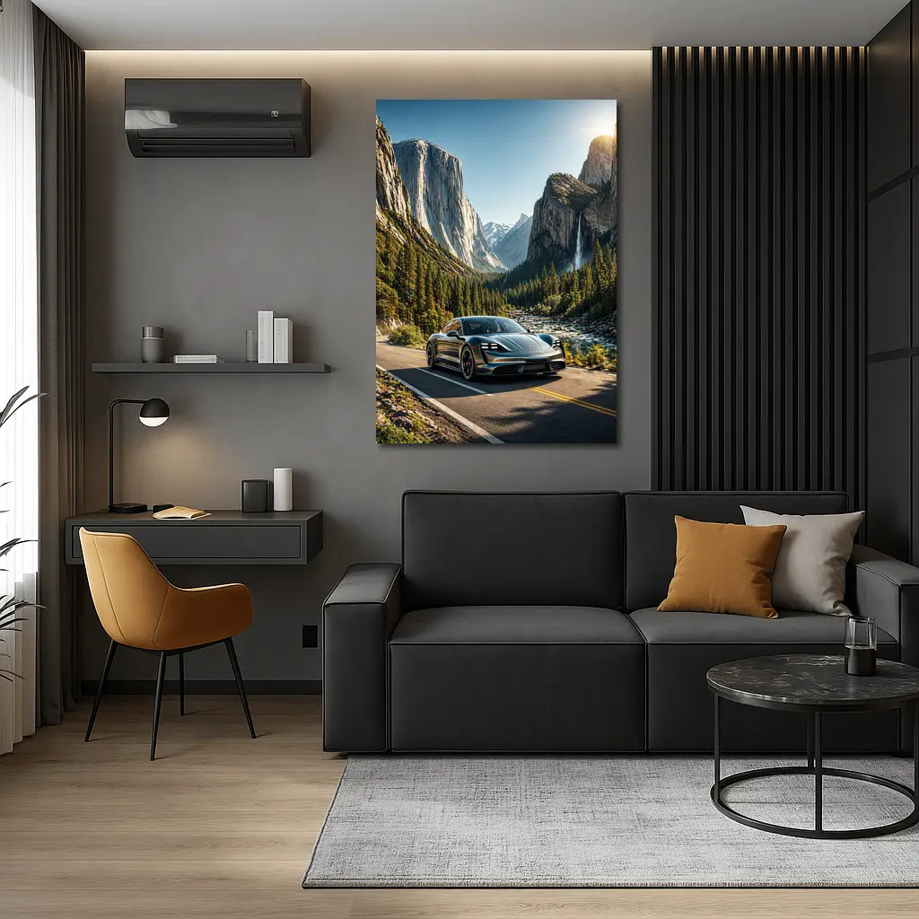 Porsche Taycan Driving Through Mountain Valley Road – Wall Art