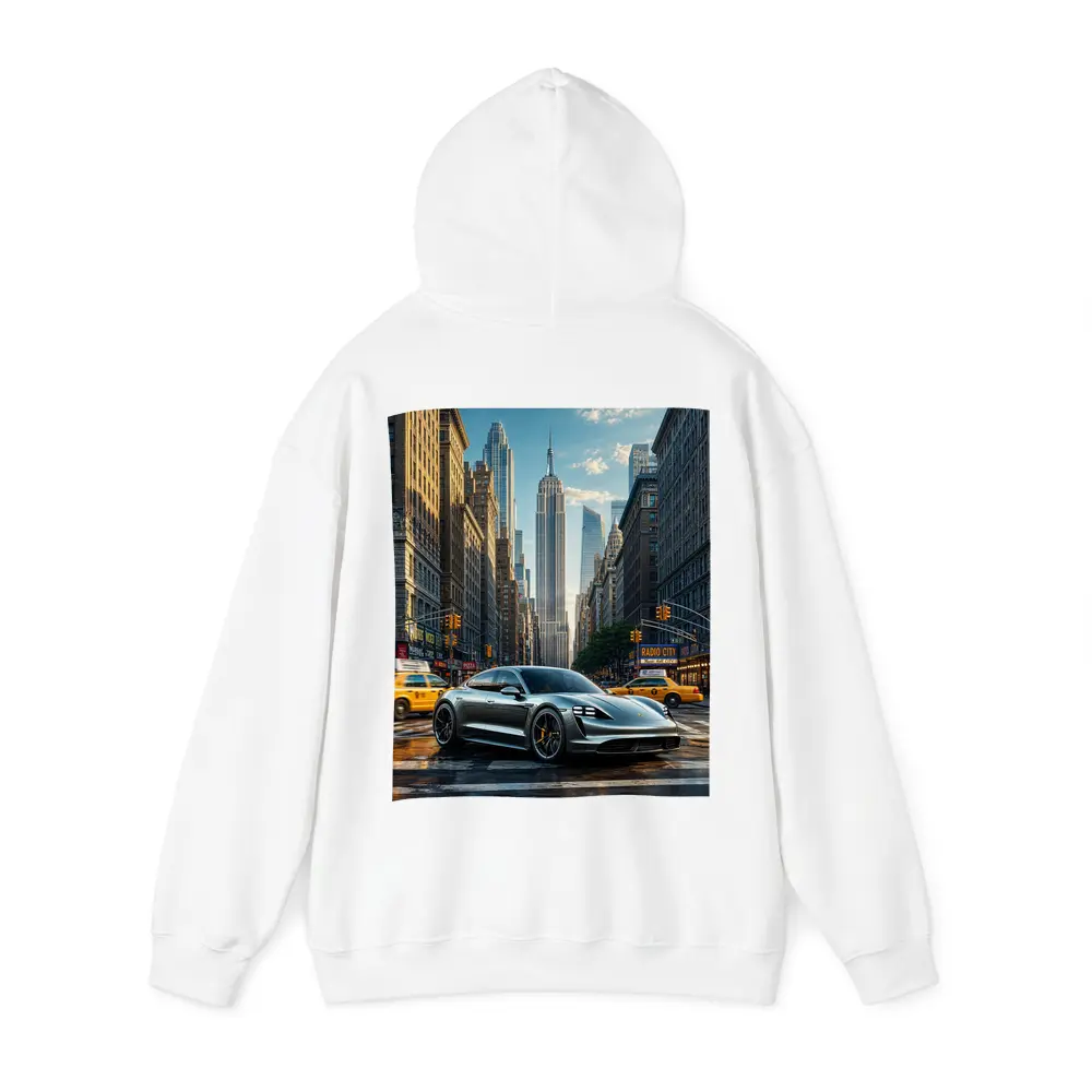 Porsche Taycan Silver On New York Street – Hoodies