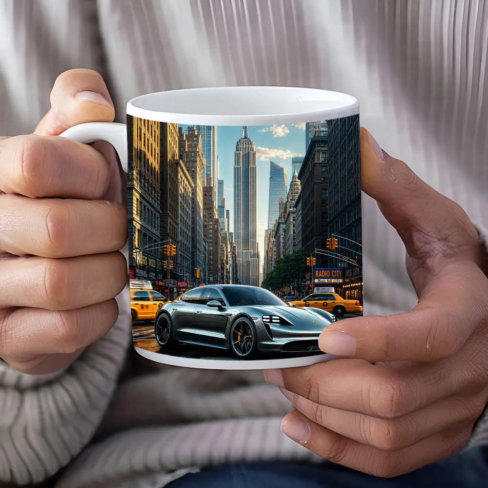 Porsche Taycan Silver On New York Street – Mugs