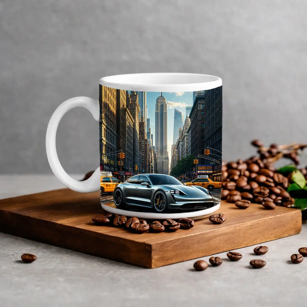 Porsche Taycan Silver On New York Street – Mugs