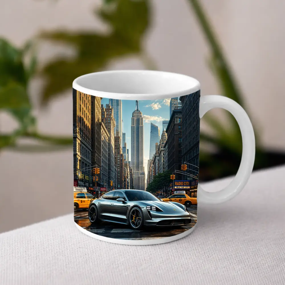 Porsche Taycan Silver On New York Street – Mugs