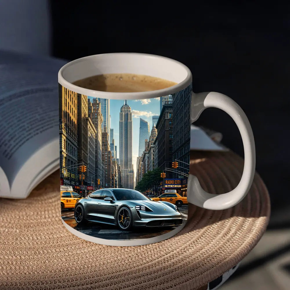 Porsche Taycan Silver On New York Street – Mugs