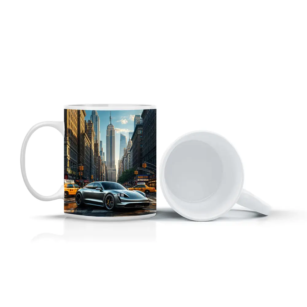 Porsche Taycan Silver On New York Street – Mugs