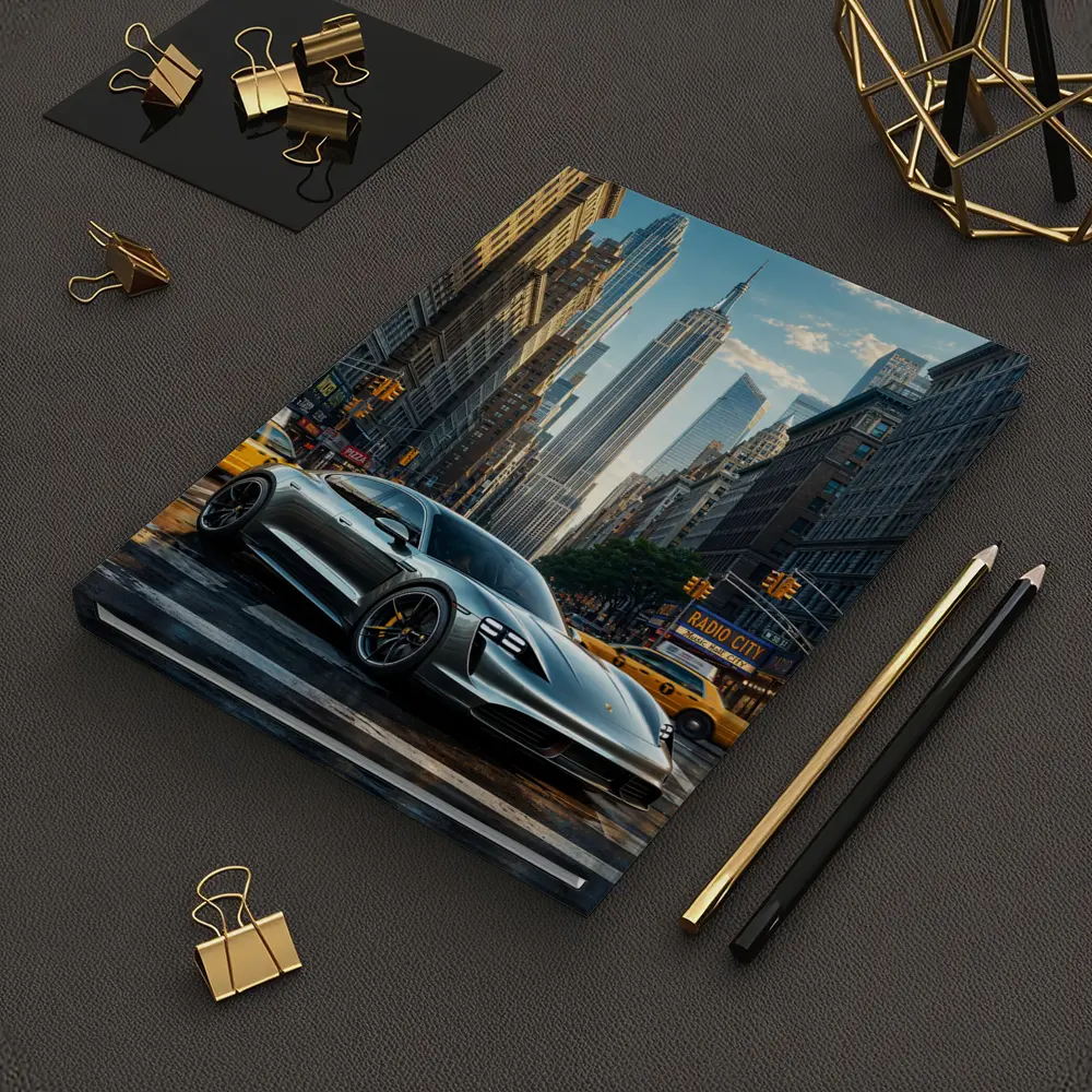 Porsche Taycan Silver On New York Street – Notebooks