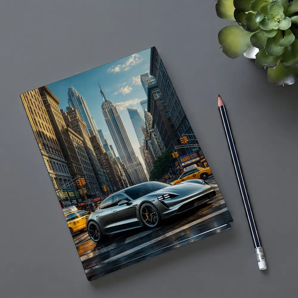 Porsche Taycan Silver On New York Street – Notebooks