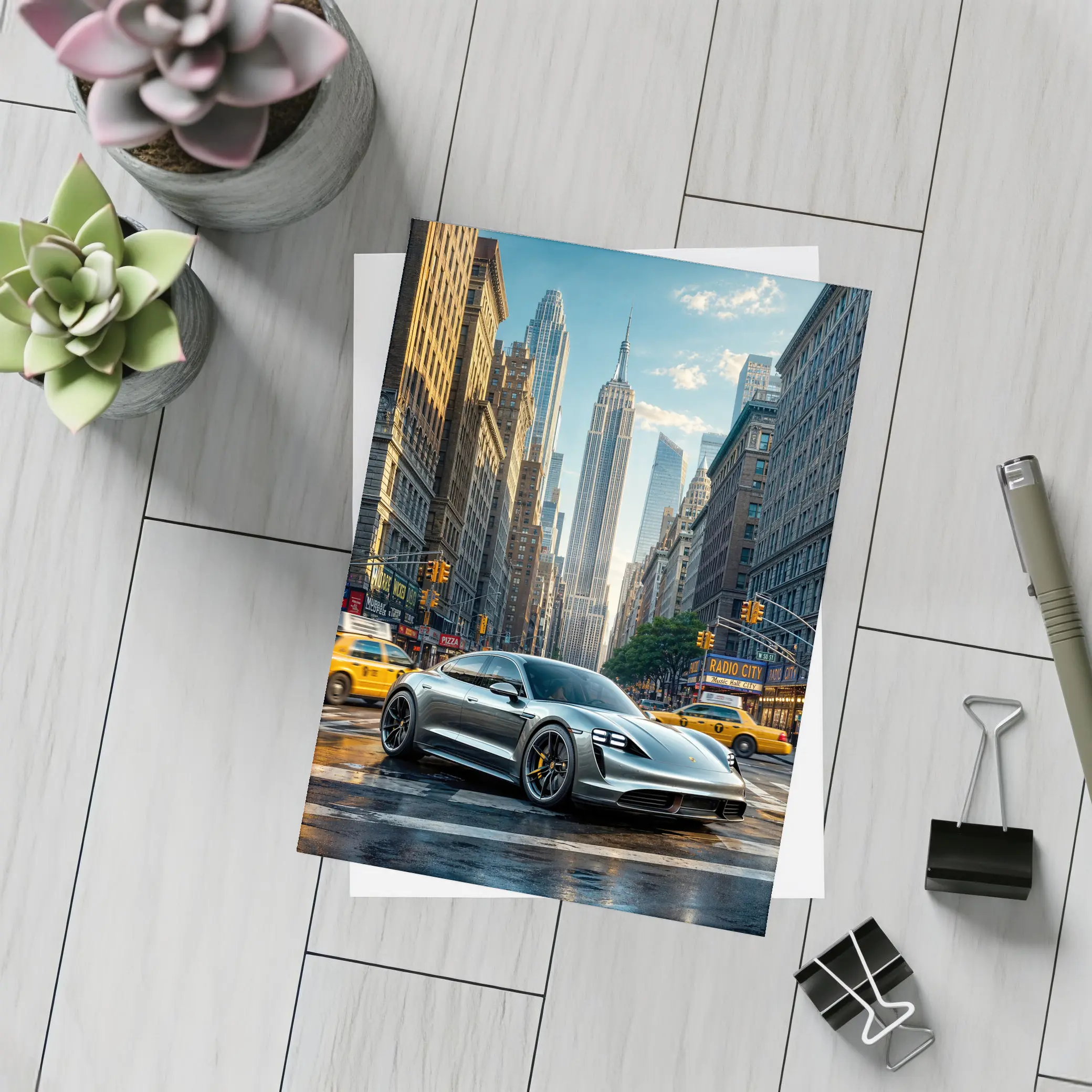 Porsche Taycan Silver On New York Street – Postcards