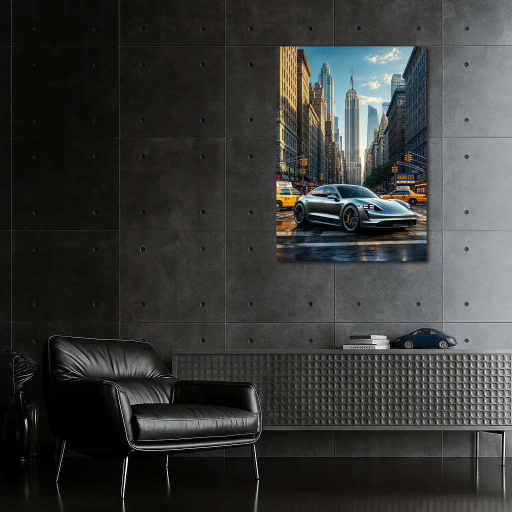 Porsche Taycan Silver On New York Street – Wall Art