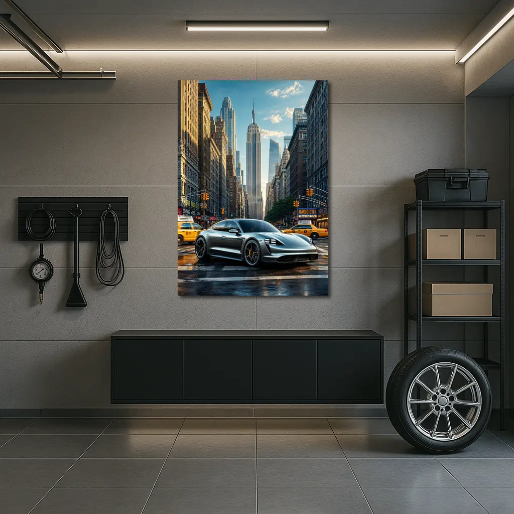 Porsche Taycan Silver On New York Street – Wall Art