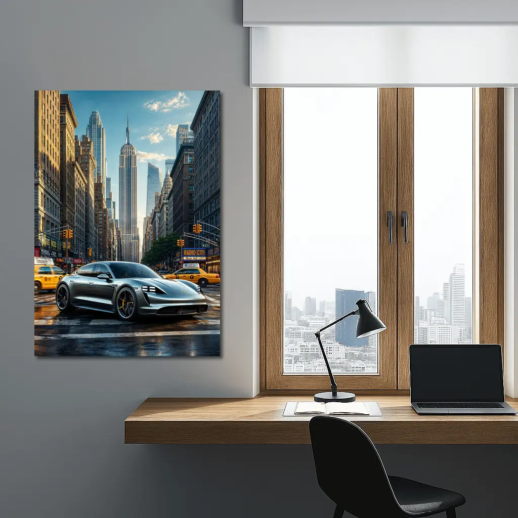 Porsche Taycan Silver On New York Street – Wall Art