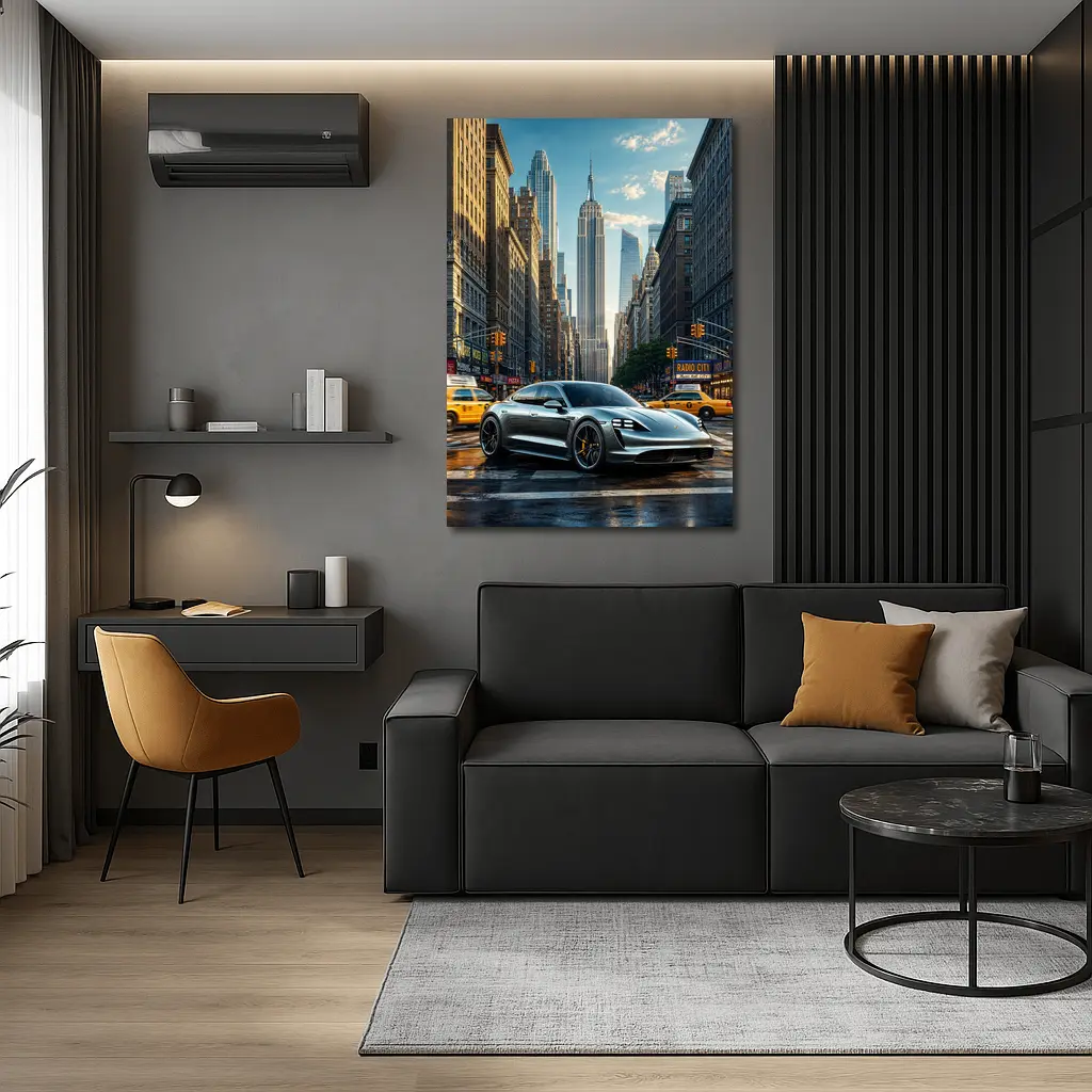 Porsche Taycan Silver On New York Street – Wall Art