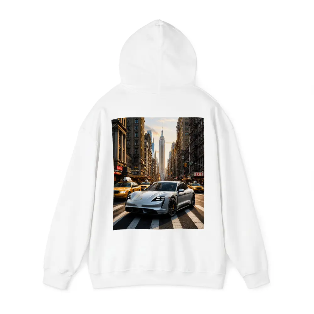 Porsche Taycan Silver On New York Streets – Hoodies