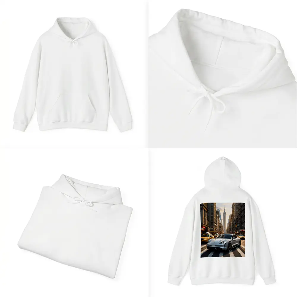 Porsche Taycan Silver On New York Streets – Hoodies