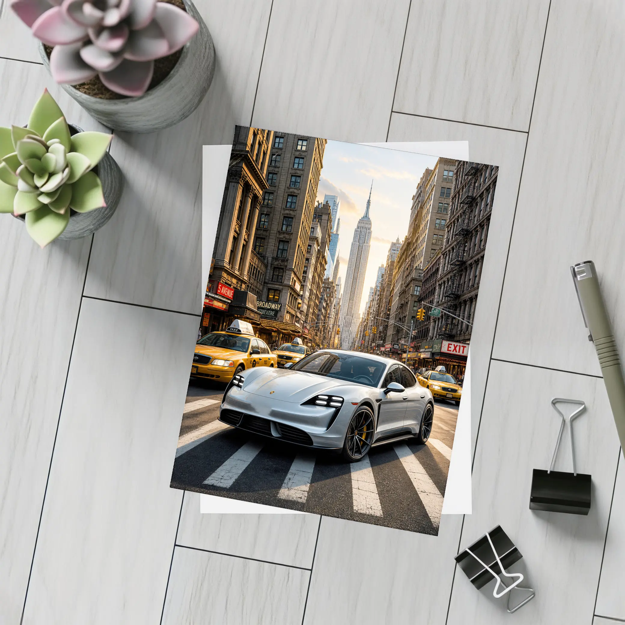 Porsche Taycan Silver On New York Streets – Postcards