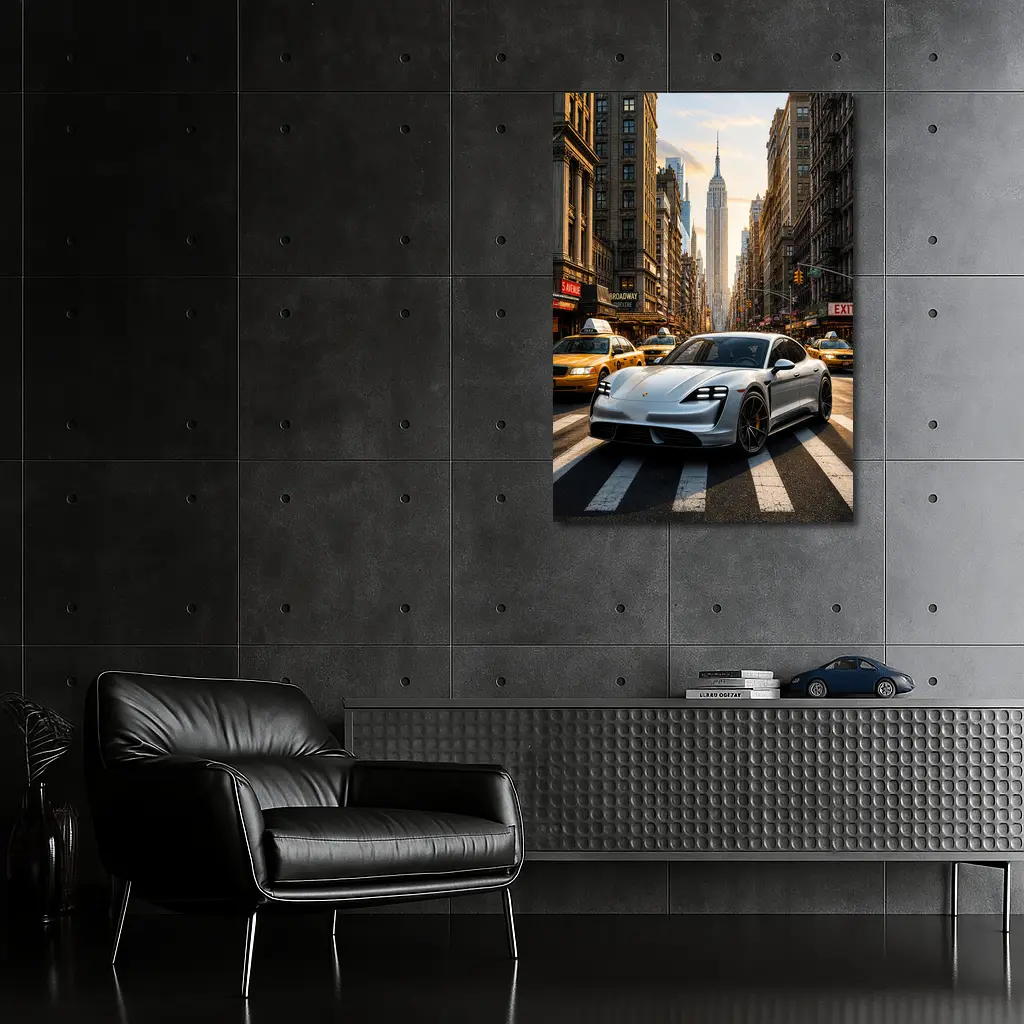 Porsche Taycan Silver On New York Streets – Wall Art