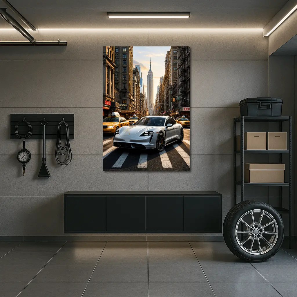 Porsche Taycan Silver On New York Streets – Wall Art
