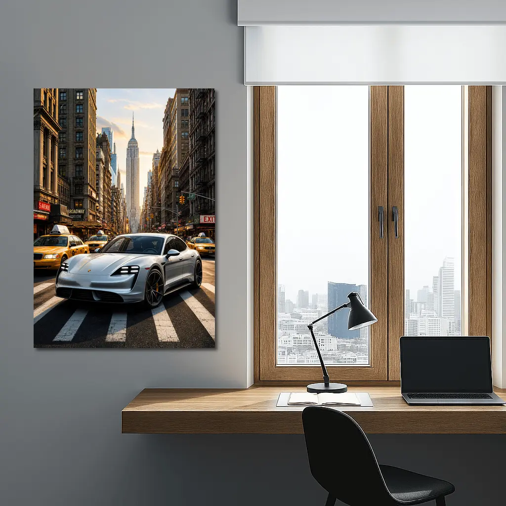 Porsche Taycan Silver On New York Streets – Wall Art