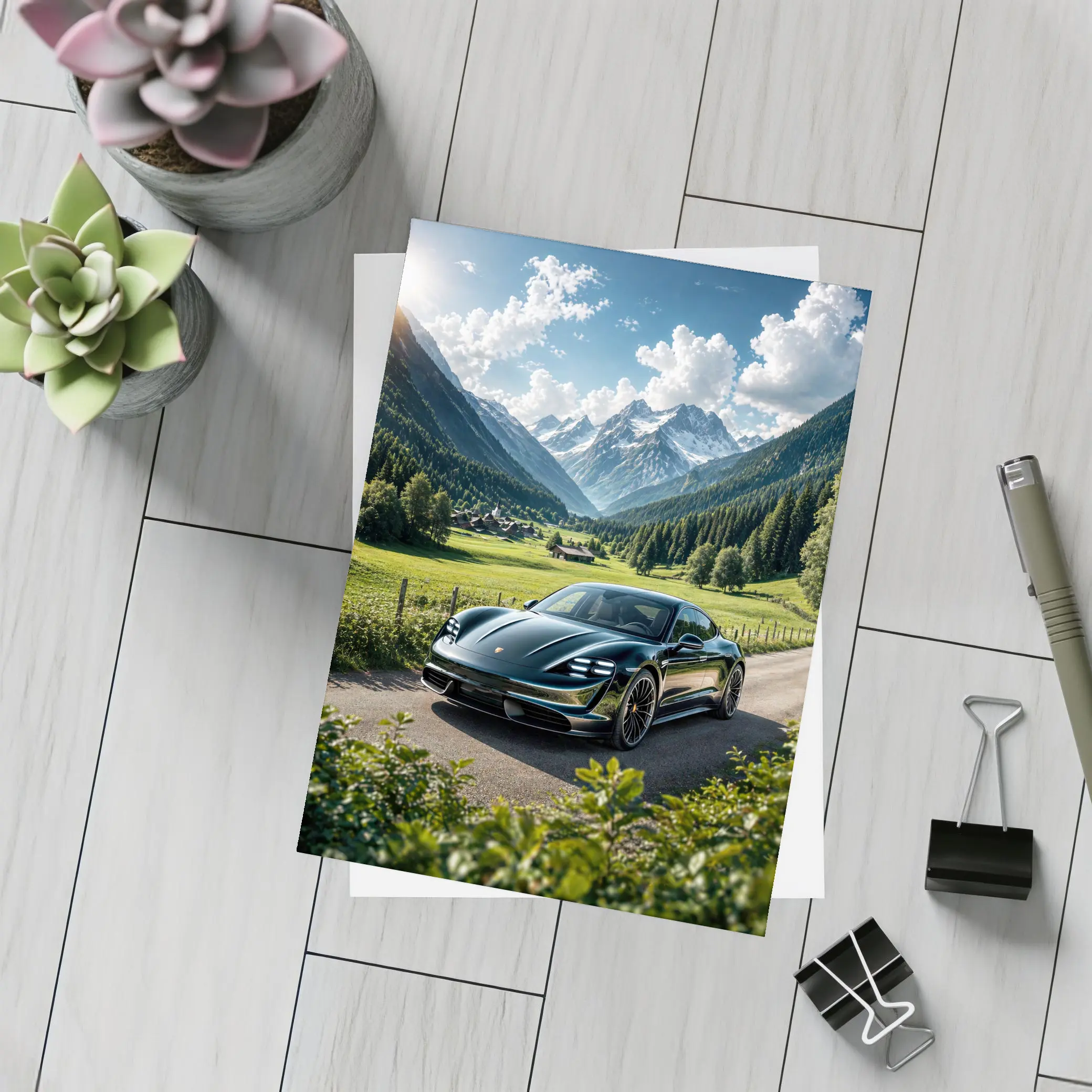 Porsche Taycan Black Alpine Valley Road – Postcards
