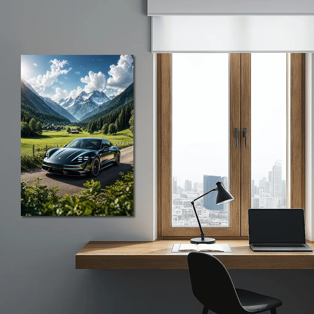 Porsche Taycan Black Alpine Valley Road – Wall Art