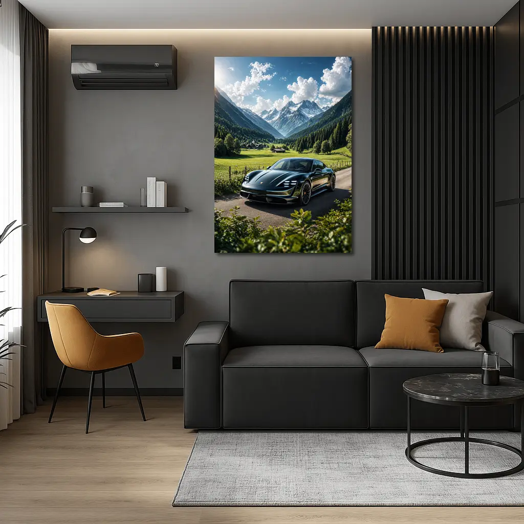 Porsche Taycan Black Alpine Valley Road – Wall Art