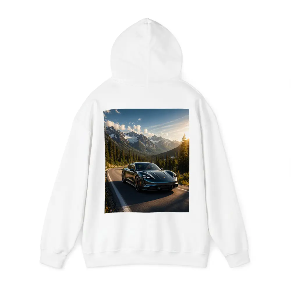 Porsche Taycan on Mountain Road at Sunset – Hoodies