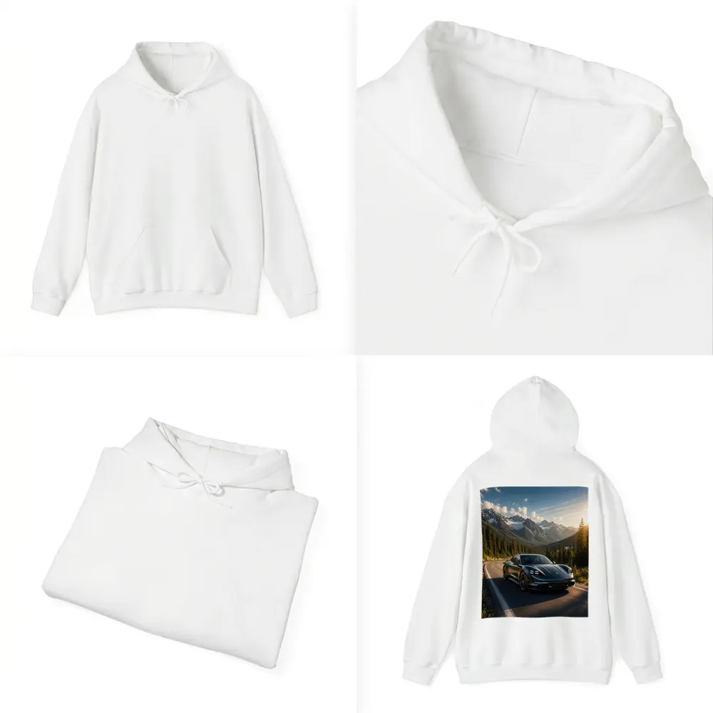 Porsche Taycan on Mountain Road at Sunset – Hoodies