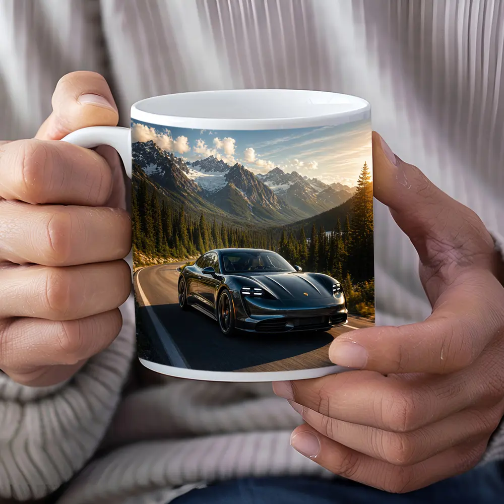 Porsche Taycan on Mountain Road at Sunset – Mugs