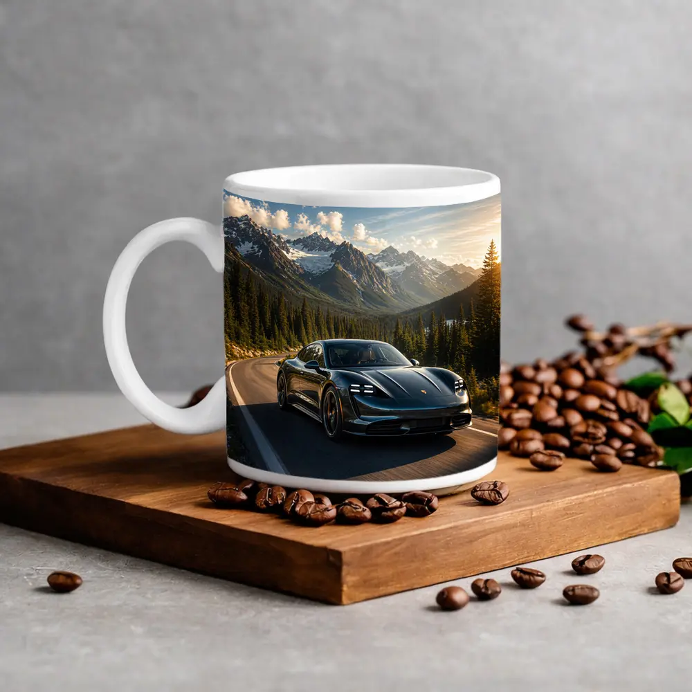 Porsche Taycan on Mountain Road at Sunset – Mugs