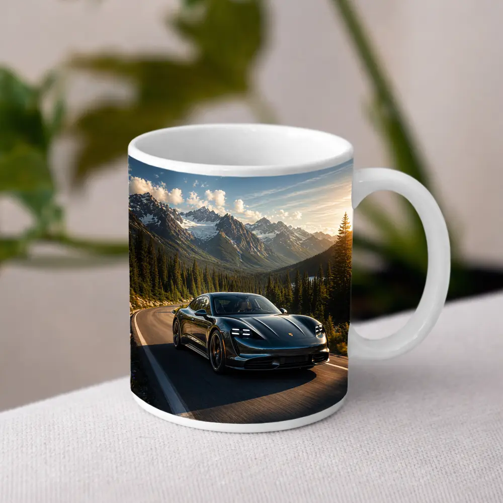 Porsche Taycan on Mountain Road at Sunset – Mugs