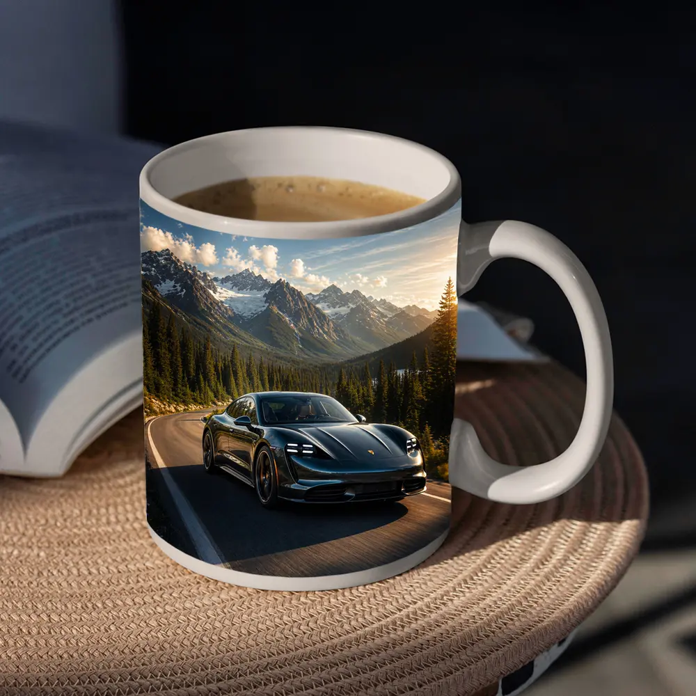 Porsche Taycan on Mountain Road at Sunset – Mugs