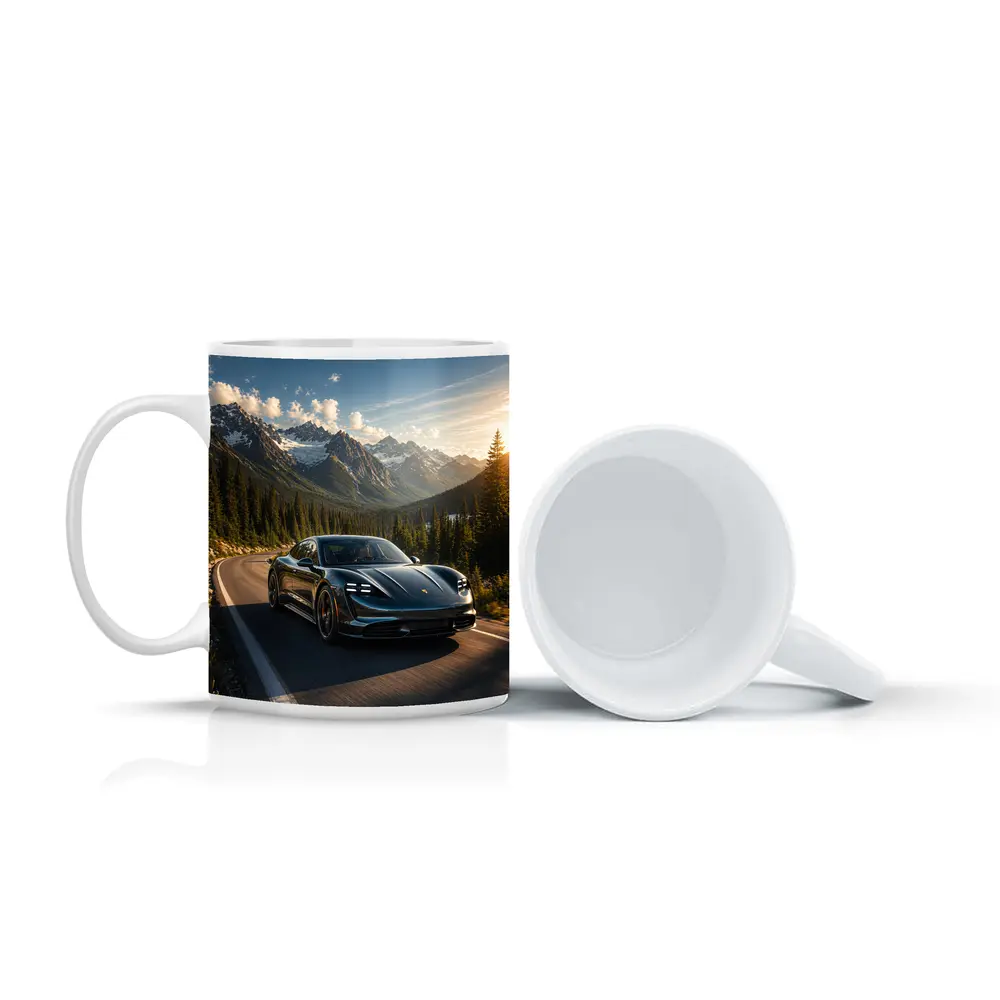 Porsche Taycan on Mountain Road at Sunset – Mugs