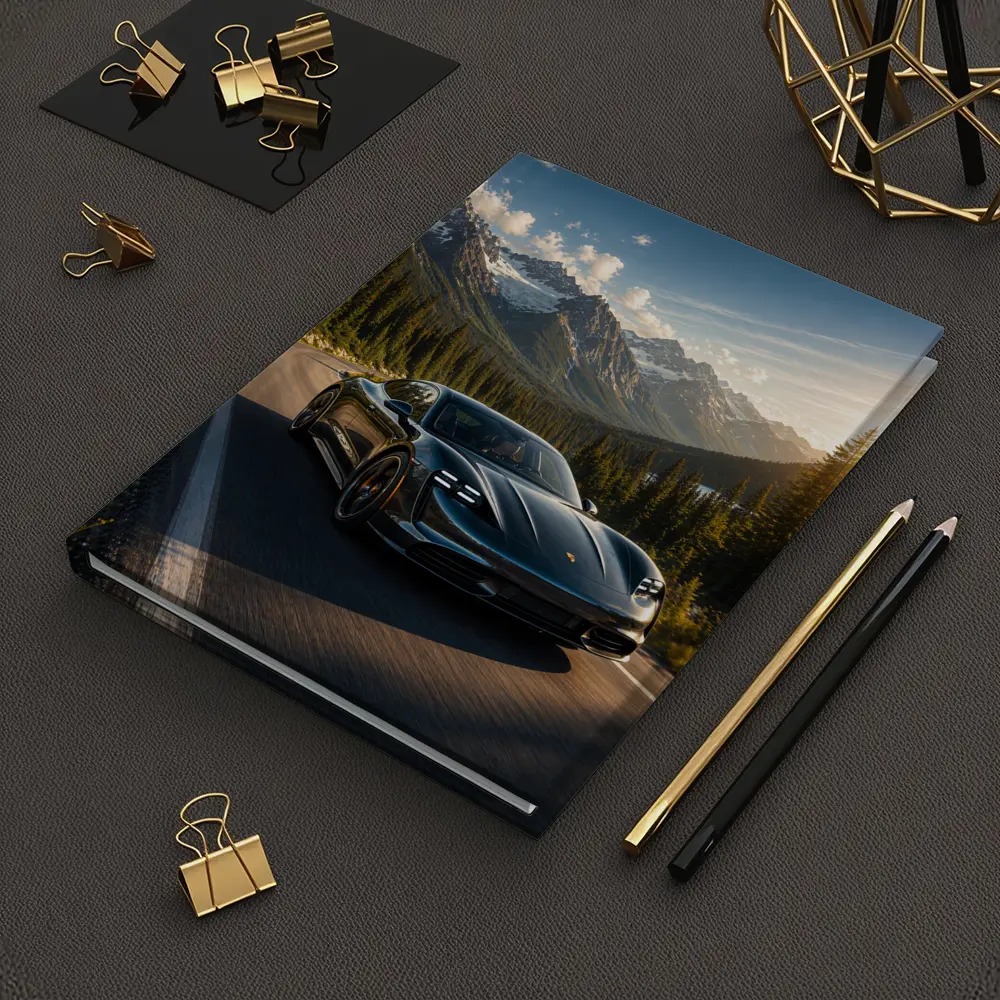 Porsche Taycan on Mountain Road at Sunset – Notebooks