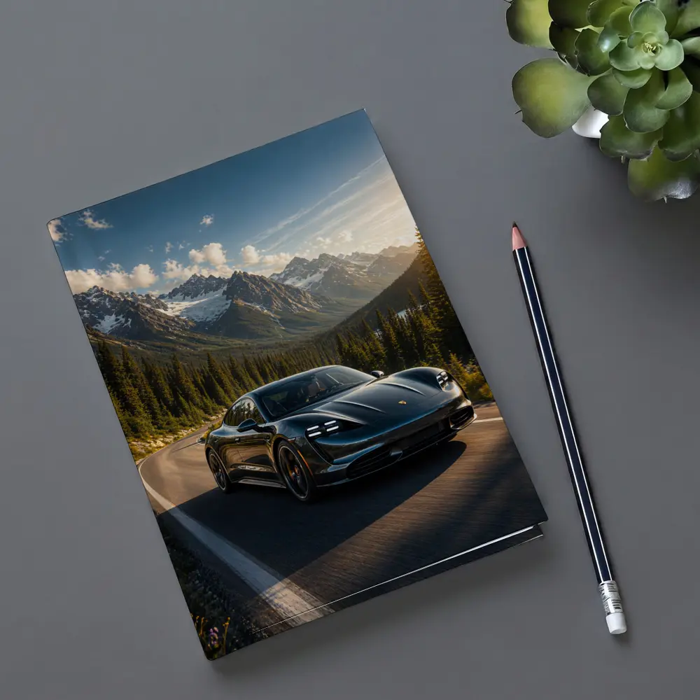 Porsche Taycan on Mountain Road at Sunset – Notebooks