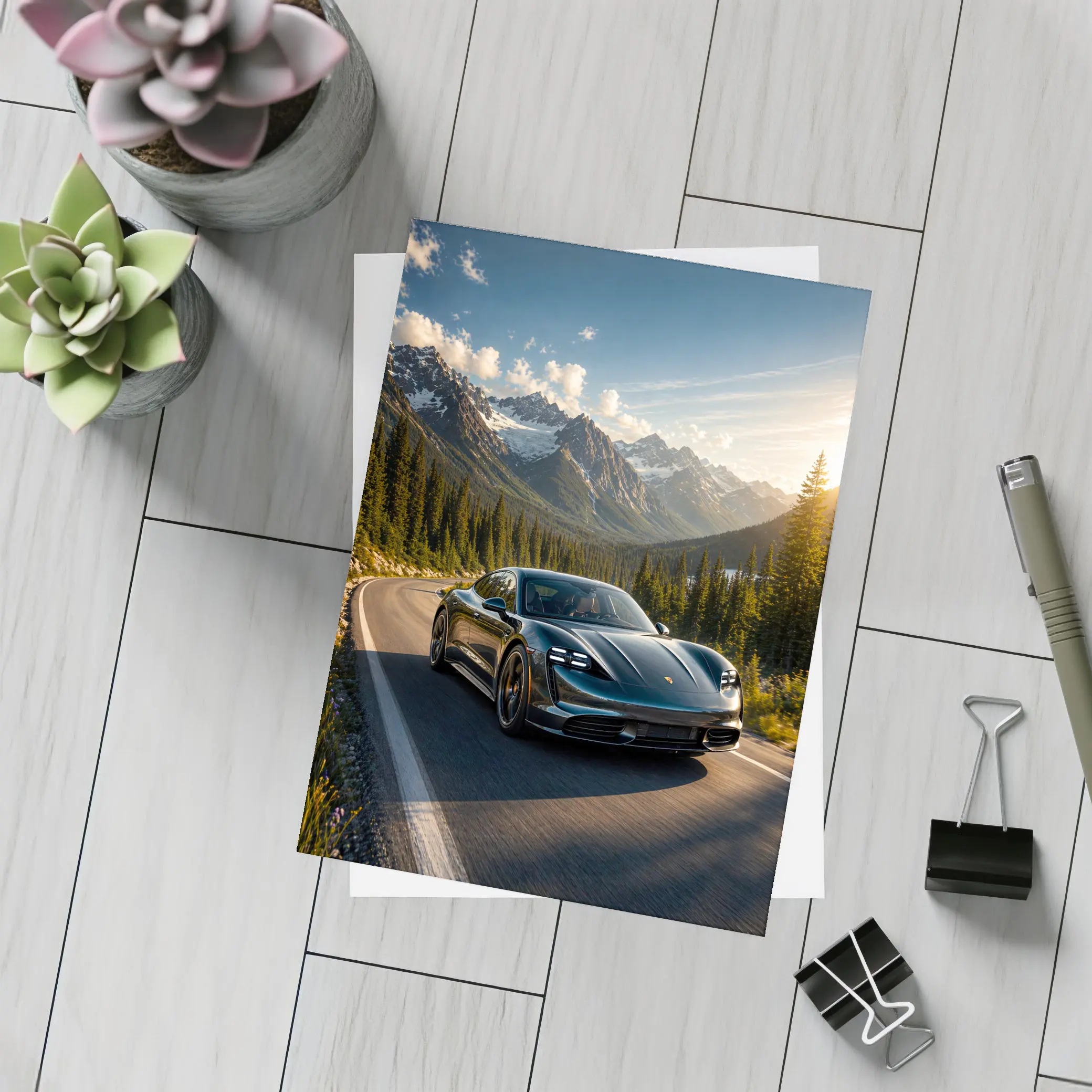 Porsche Taycan on Mountain Road at Sunset – Postcards
