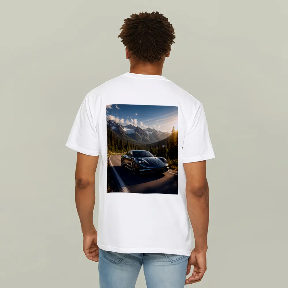 Porsche Taycan on Mountain Road at Sunset – T-Shirts