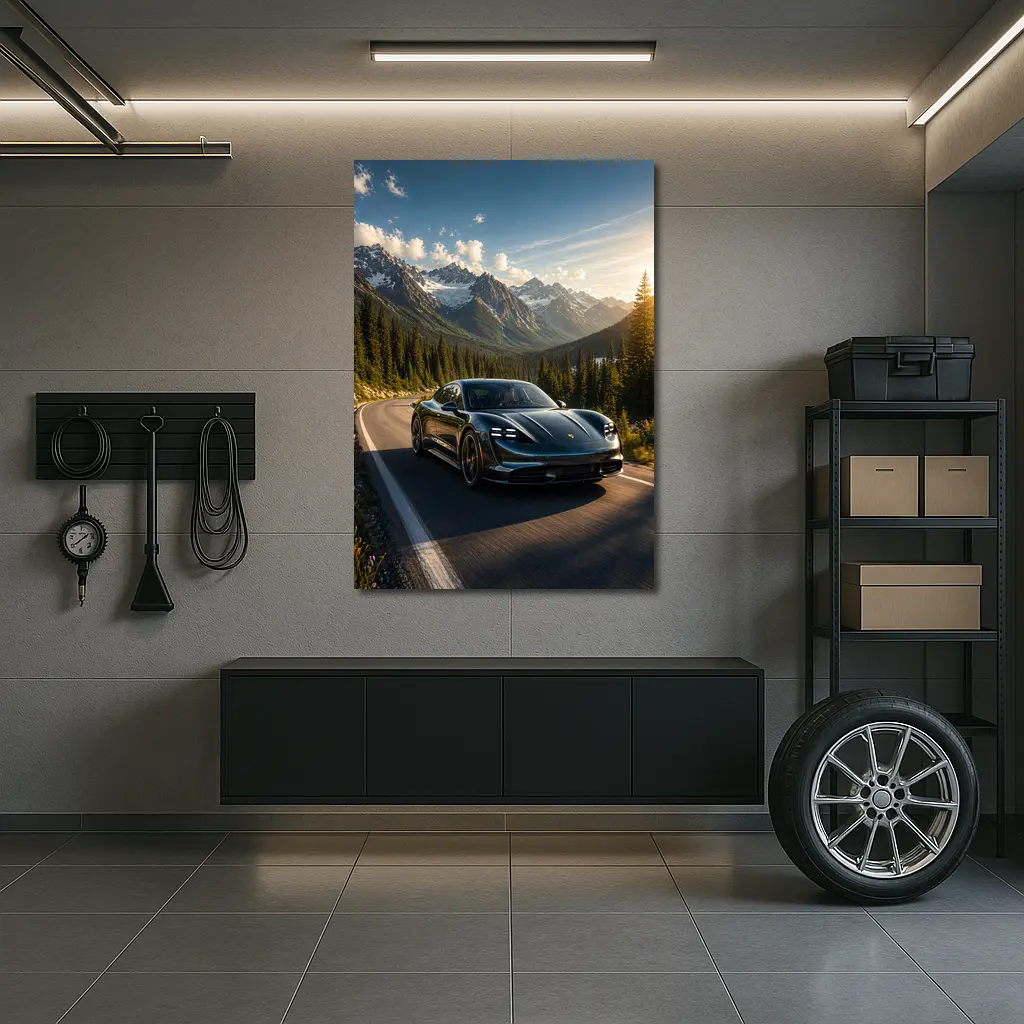 Porsche Taycan on Mountain Road at Sunset – Wall Art