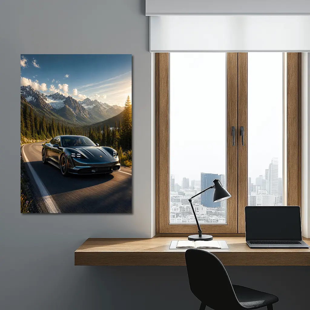 Porsche Taycan on Mountain Road at Sunset – Wall Art