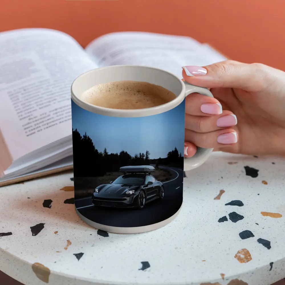 Porsche Taycan on Dark Winding Road – Mugs