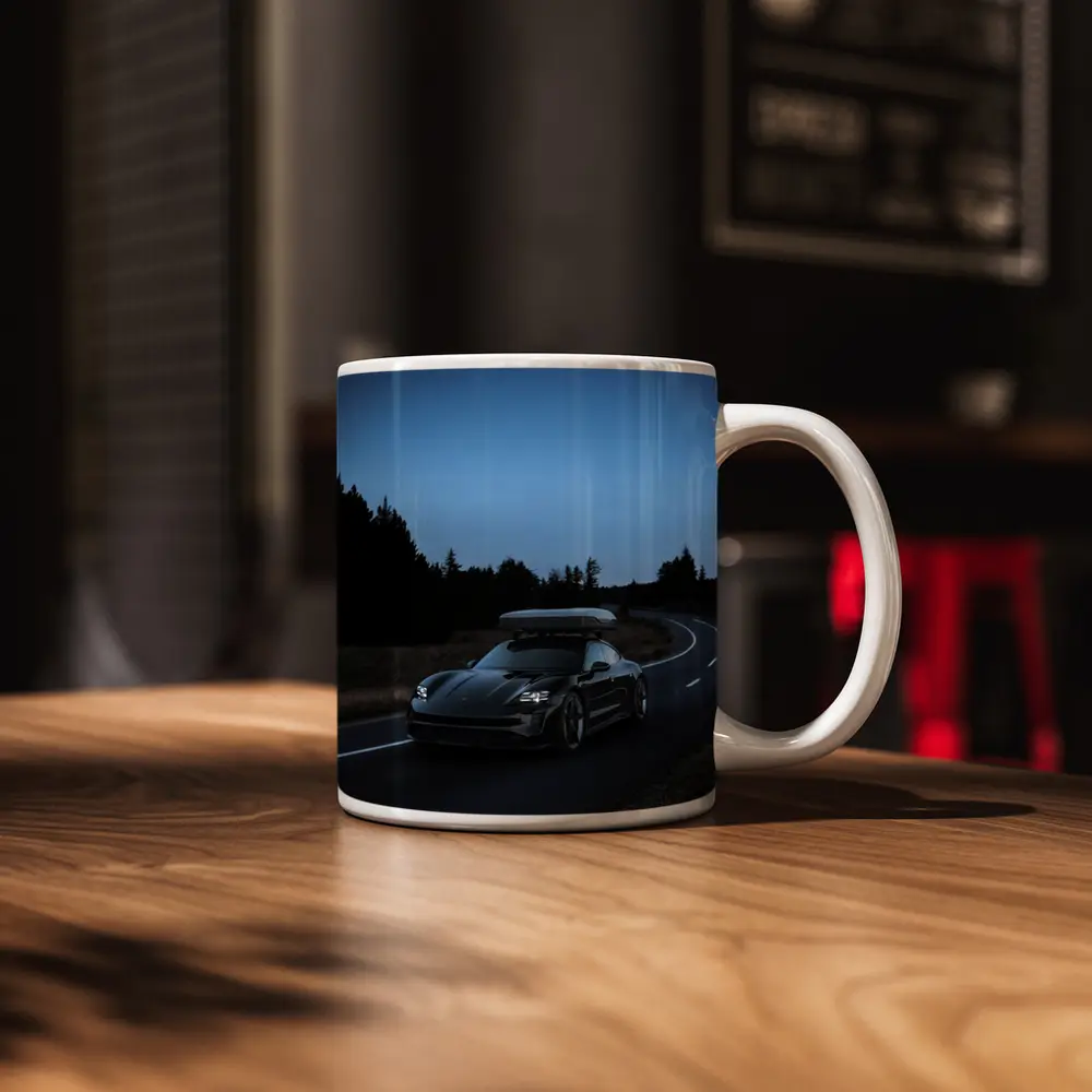 Porsche Taycan on Dark Winding Road – Mugs