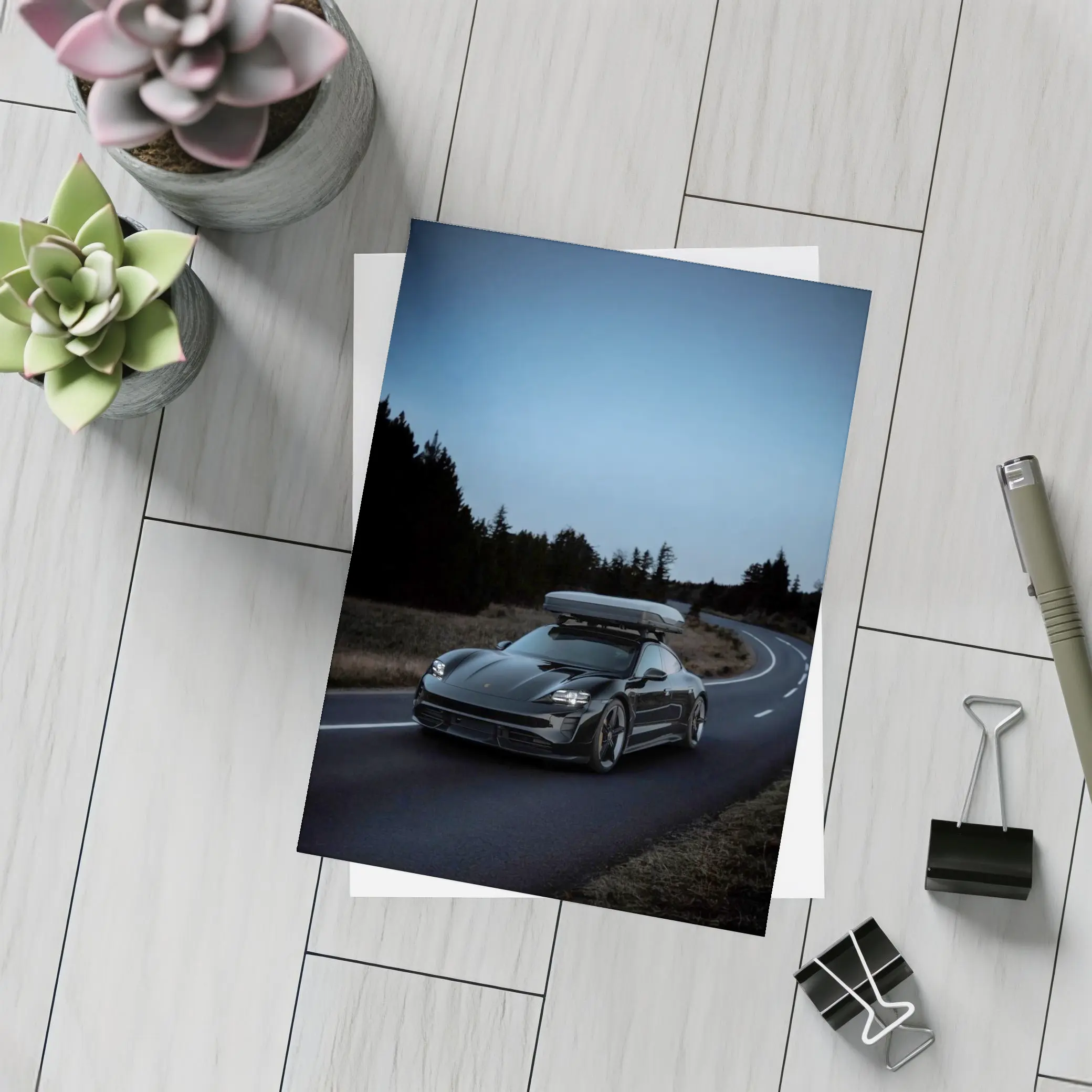Porsche Taycan on Dark Winding Road – Postcards