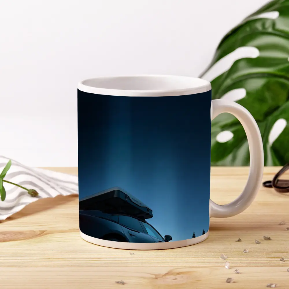 Porsche Taycan With Roof Box At Dusk – Mugs
